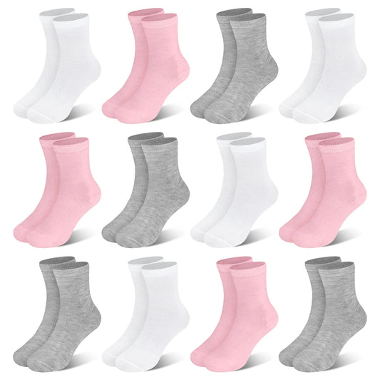 Kids Socks 12 Pairs Crew Socks for Toddler Boys Girls 10-14 Years Athletic Mid Cut Socks Multipack Black White
