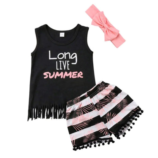 Toddler Baby Girl Fringe Outfits Black Vest Top + Floral Shorts + Pink Headband 3Pcs Summer Clothes Set (4-5T) ...