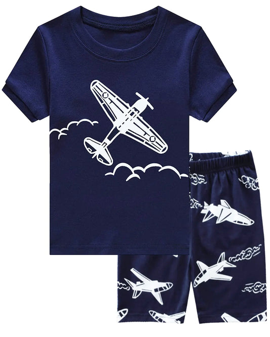 Little Hand Toddler Boys Short Sleeve Pajama Glow in The Dark Plane Boys Cute Pjs Shorts Sets 3 4 T