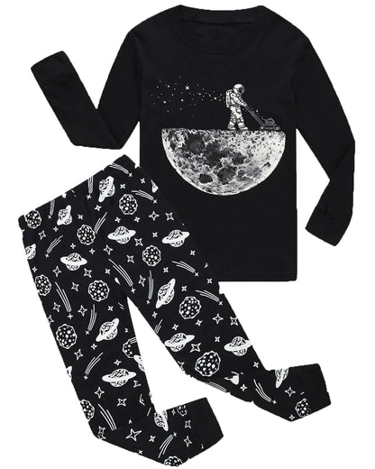 Little bety Boys Cotton Long Sleeve Pajamas Space Glow in The Dark Pjs for Boys Toddler Boys Funny Sleepwear Sets Size 8 Black