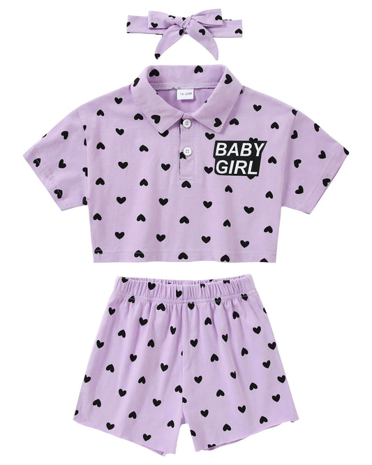 nilikastta Toddler Girl Clothes Baby Girls Outfits Summer Floral Print Shirt+Shorts+Headband 3pcs Baby Clothing 1 2 3 4 5 T Purple