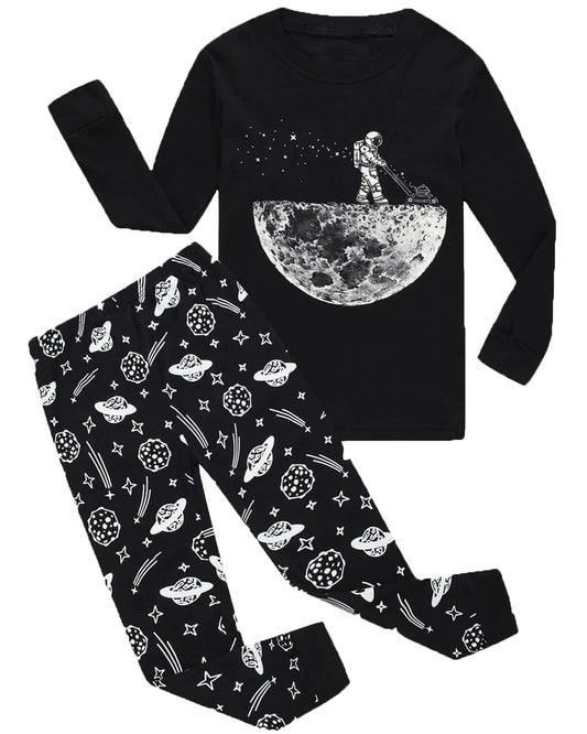 Little bety Boys Cotton Long Sleeve Pajamas Space Glow in The Dark Pjs for Boys Toddler Boys Funny Sleepwear Sets Size 8 Black