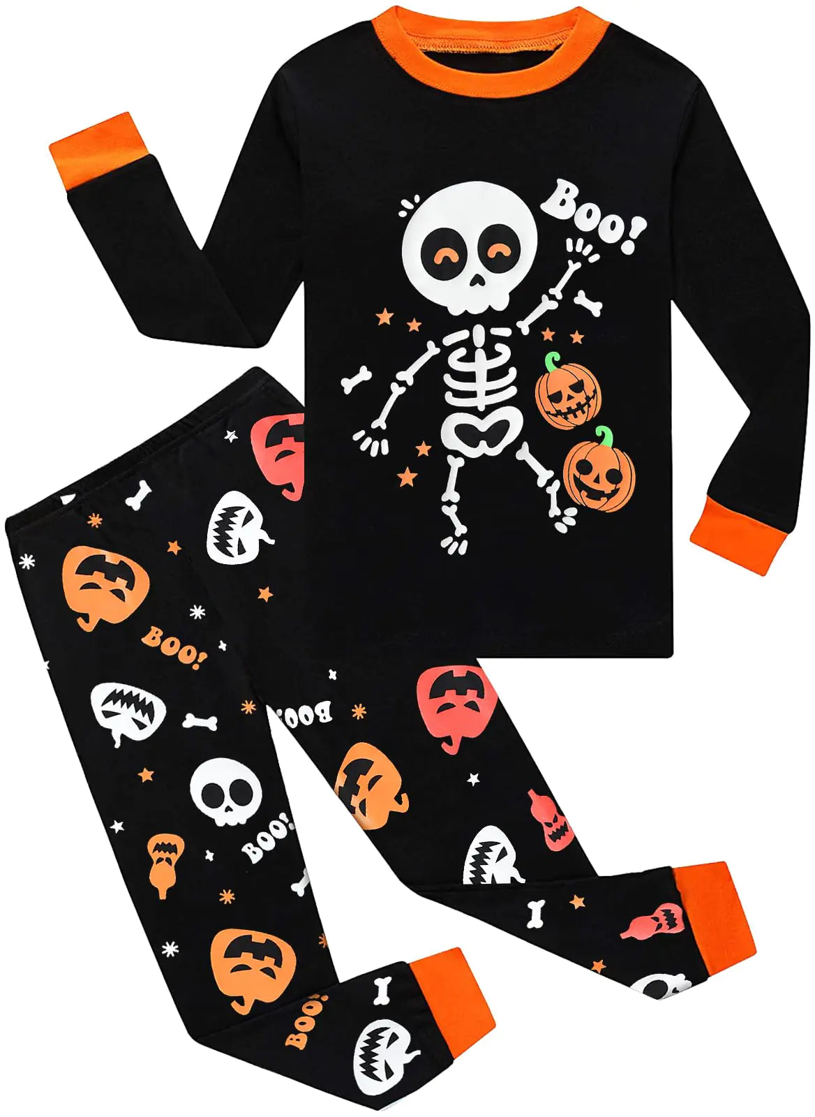 DDSOL Boys Pajamas Kids Skeleton Boo Glow in The Dark Cotton Long Sleeve Pjs Sleepwear Toddler Girls Halloween Pumpkin Clothes Outfit 7 Years