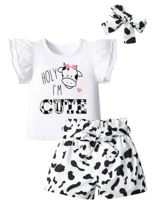MIGU Toddler Girls Clothes 4T-5T Summer Clothing Baby Girls White Short Sleeve Set Cow Print T-Shirt Top + Cow Shorts + Headband 3 Piece Set