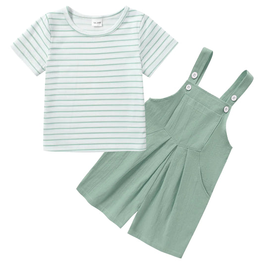 ZOEREA Toddler Girl Clothes 2Pcs Baby Girl Outfits Spring/Summer Stripe/Floral T-Shirt+Bib Overall Shorts Clothing Set 1-5T (Green A 2-3T)